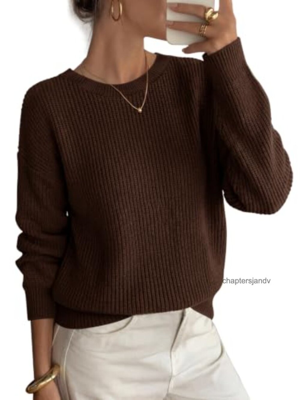 Chunky Ribbed Knit Crew Neck Pullover Sweater with Batwing Sleeves